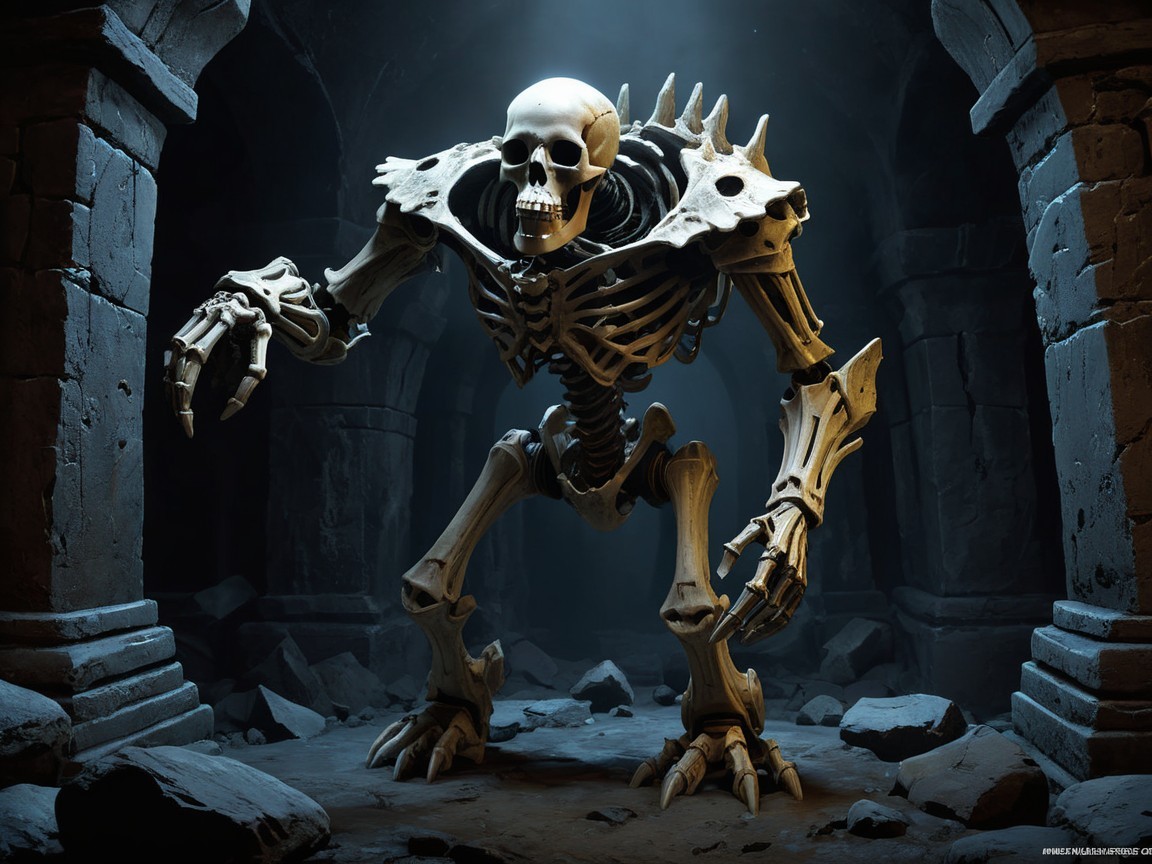 Intricately Designed Skeleton Creature in Dark Cavern