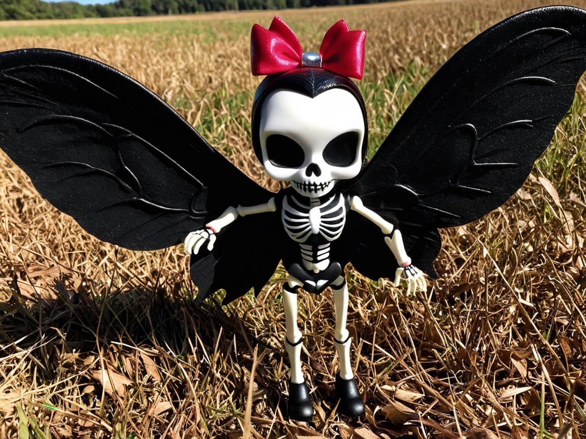 Whimsical Skeleton Figure in a Field with Wings