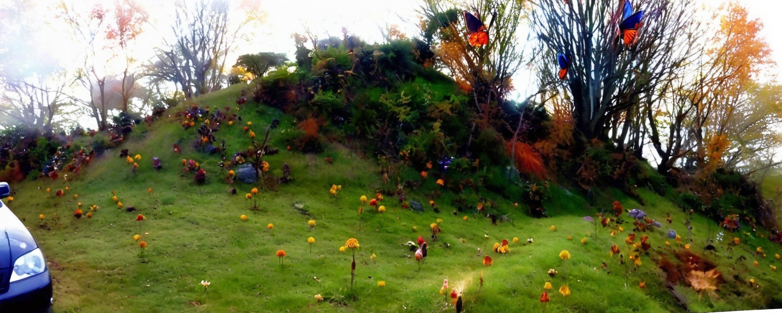 Vibrant Hillside with Colorful Flowers and Autumn Foliage