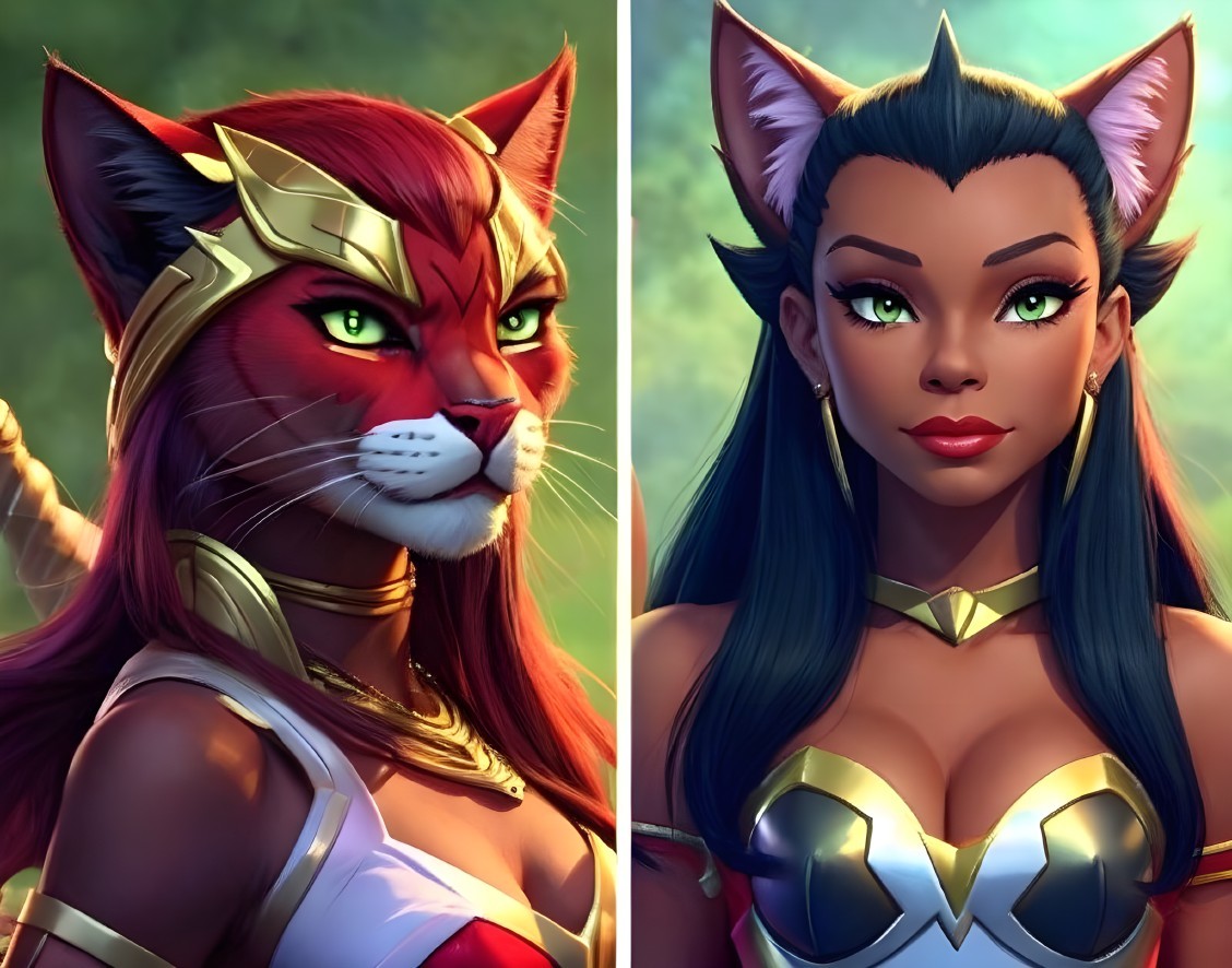Feline Warrior and Regal Woman in Mystical Setting