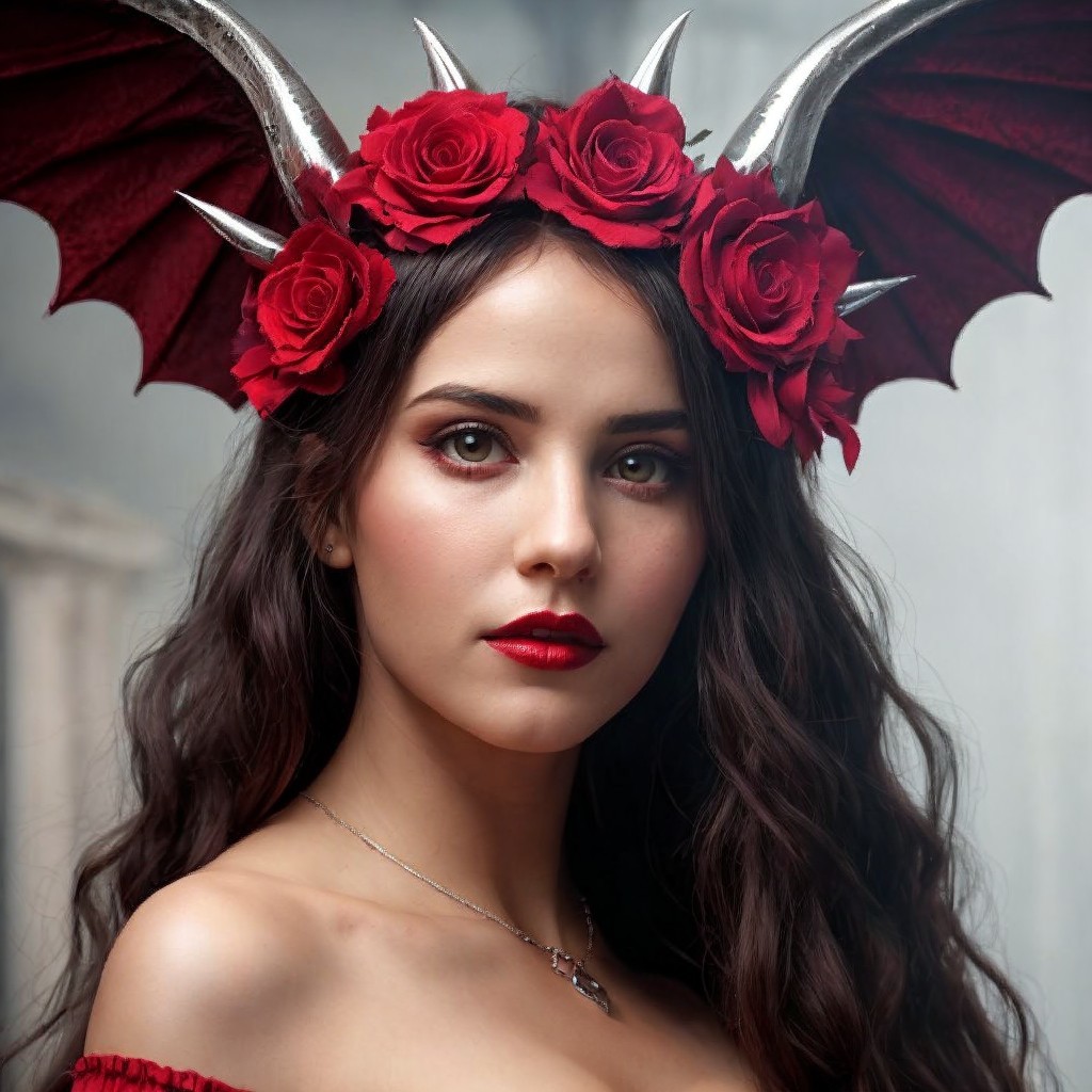 Portrait of a woman with dark hair and dramatic headpiece