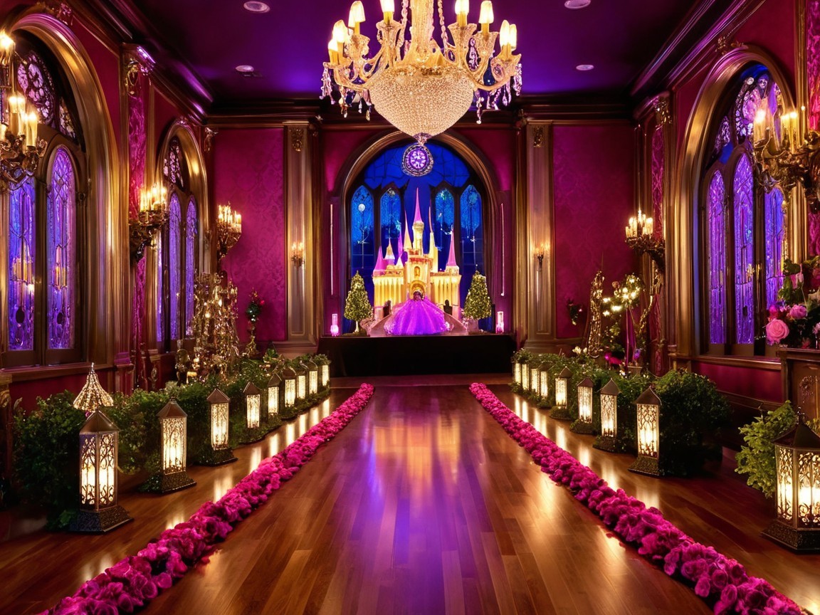 Regal Hall with Purple Hues and Elegant Chandeliers