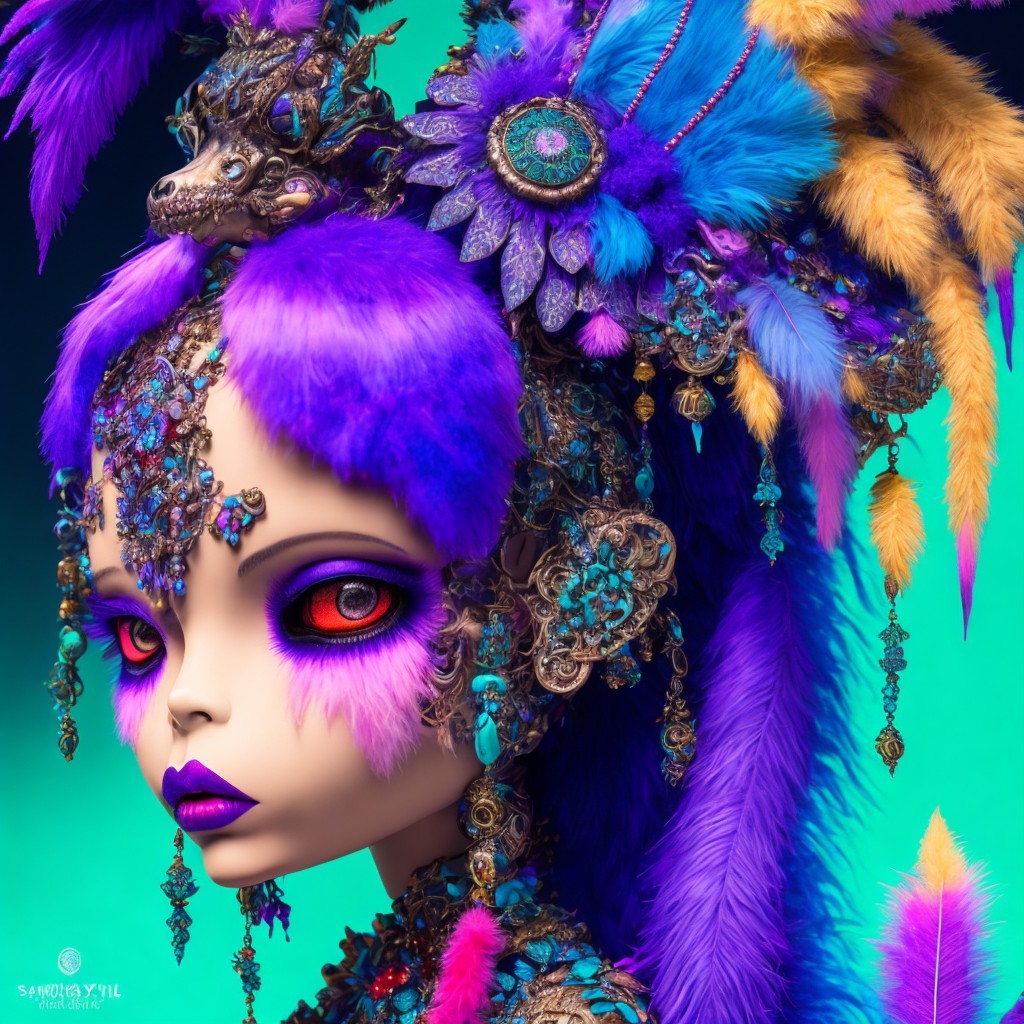 Colorful doll with purple and blue hues and details