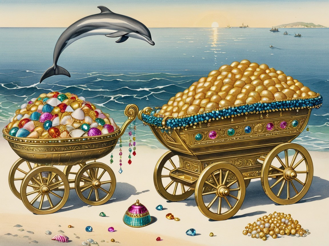 Ornate Carts of Gold and Gemstones at Serene Beach