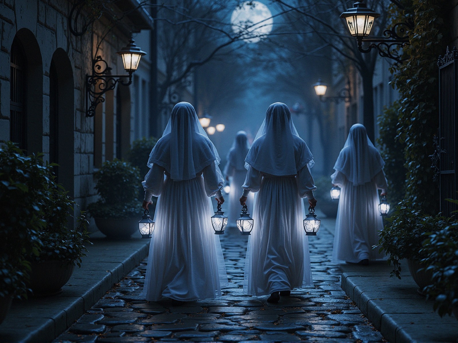 Misty Alley with Lantern-Holding Figures in Robes