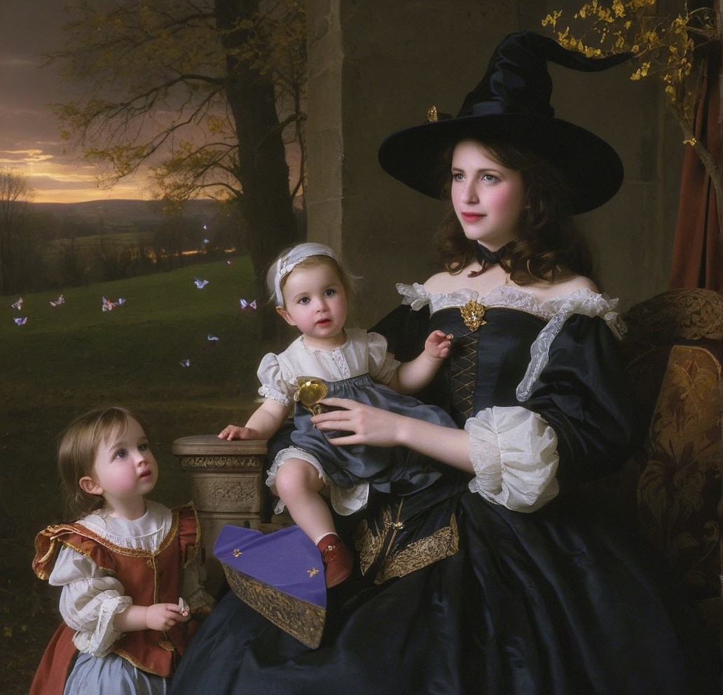 Twilight Scene of Woman with Children in Historical Attire