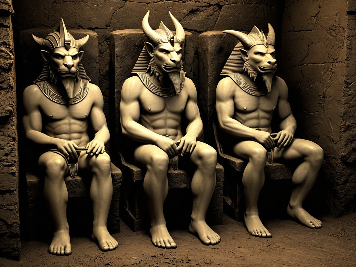 Three Statues with Animal Heads on Stone Thrones