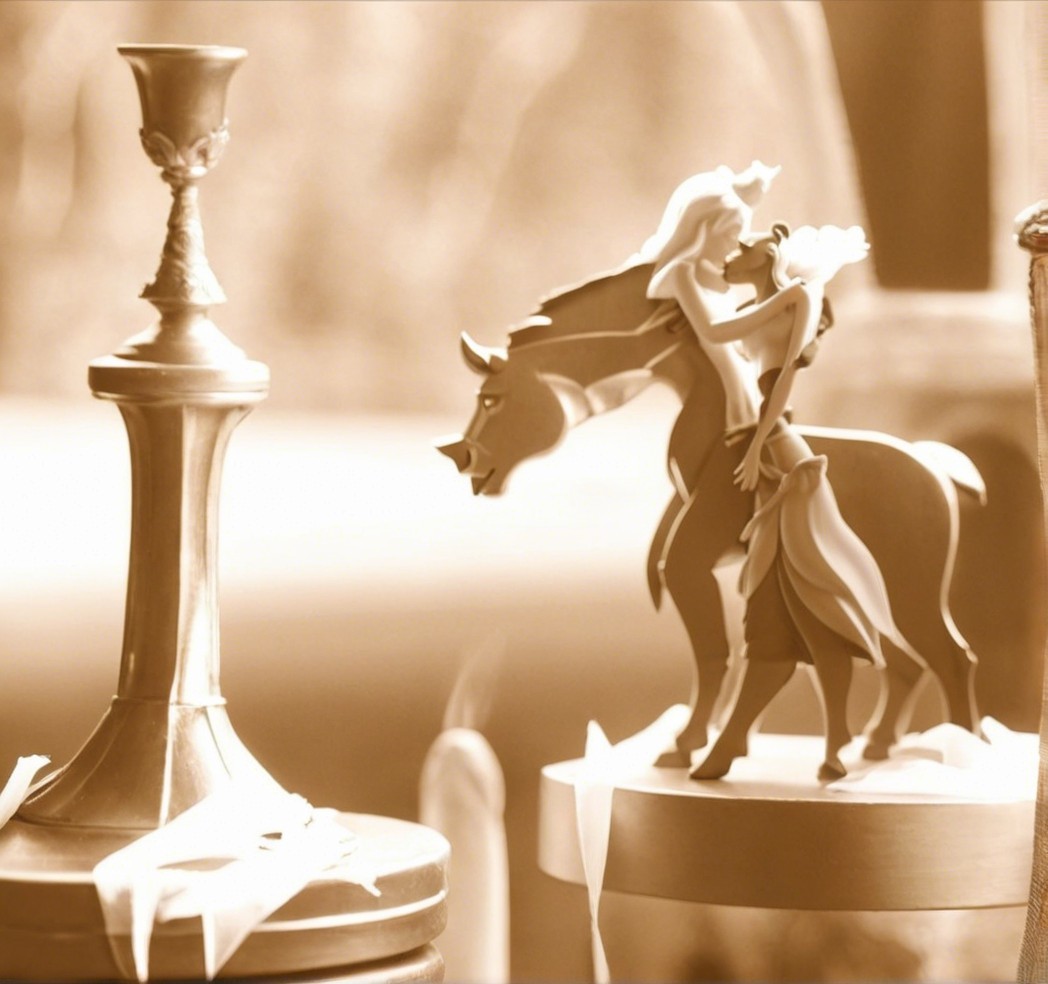 Romantic sculpture of embracing couple on horse