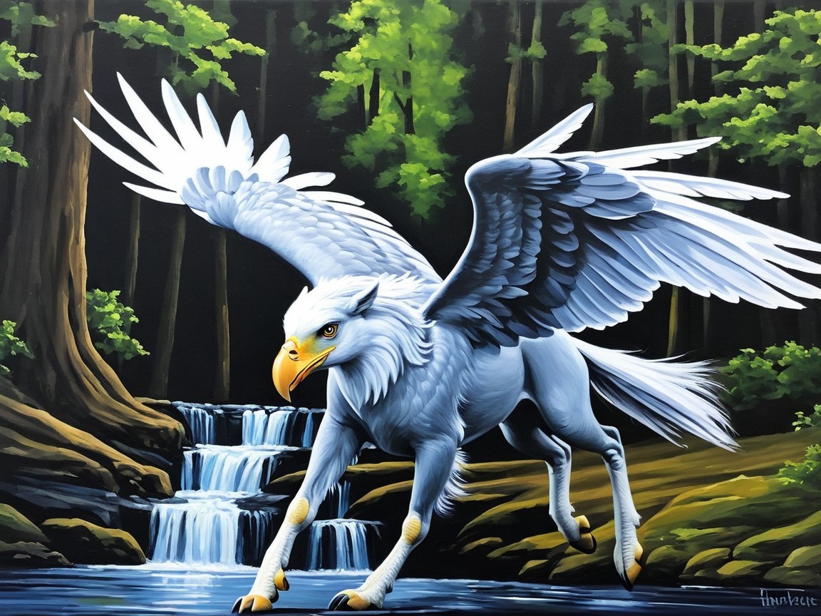 Majestic griffin soaring over a tranquil forest scene