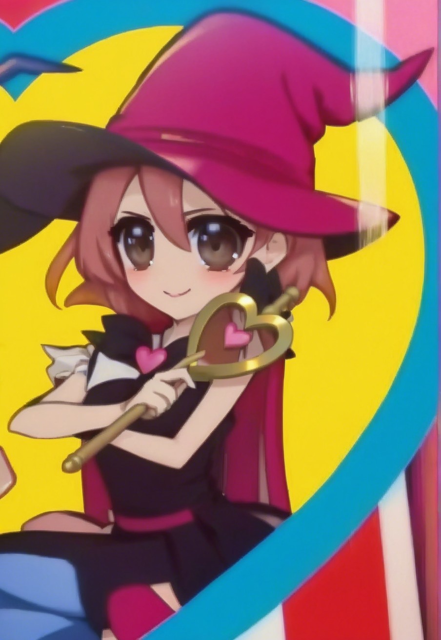 Cheerful anime character in witch outfit with wand
