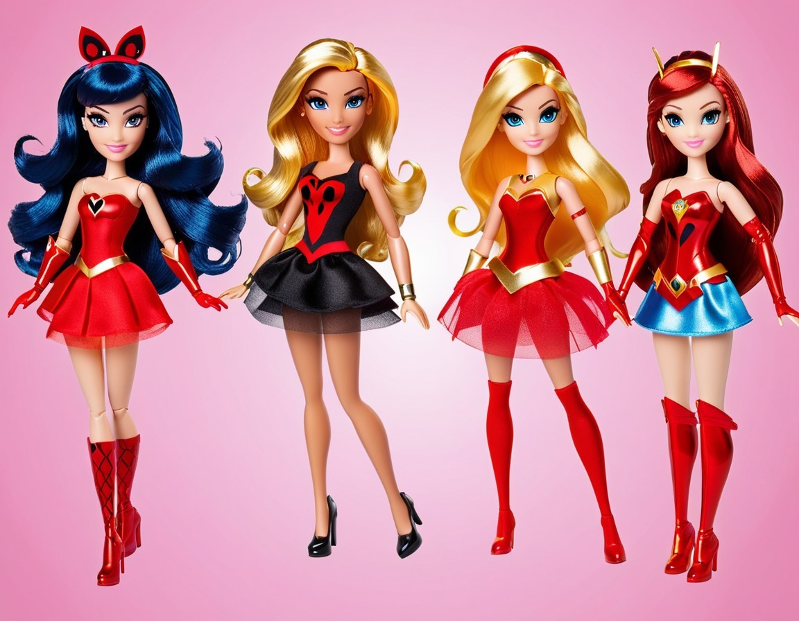 Stylish dolls with unique superhero outfits on pink background