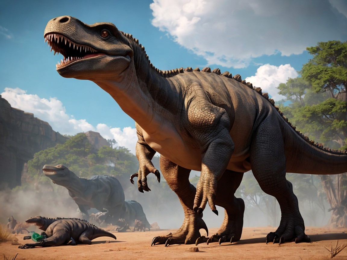 Prehistoric Landscape with Dinosaurs and Rugged Terrain
