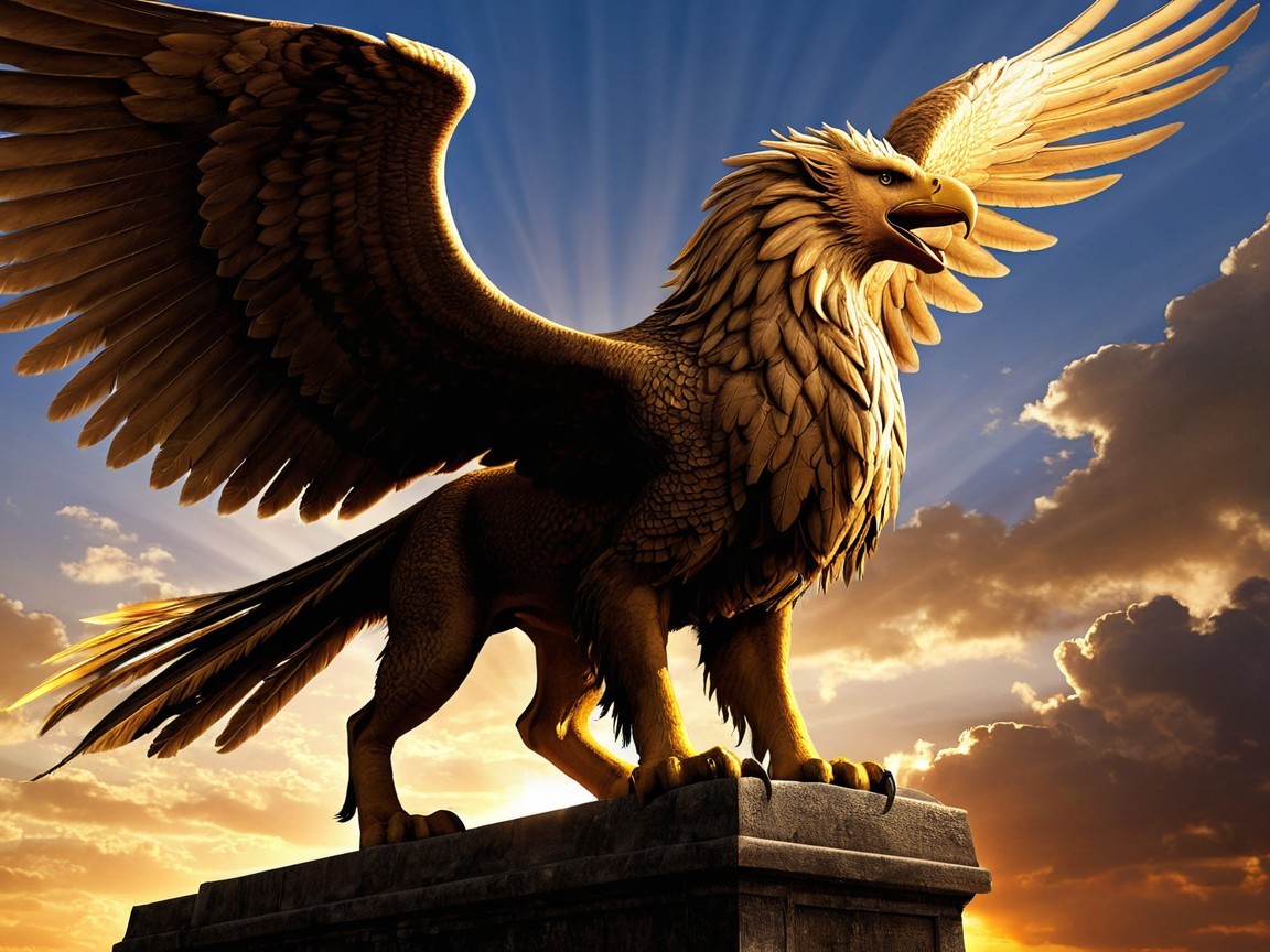 Griffin on Stone Pedestal with Vibrant Sky Background