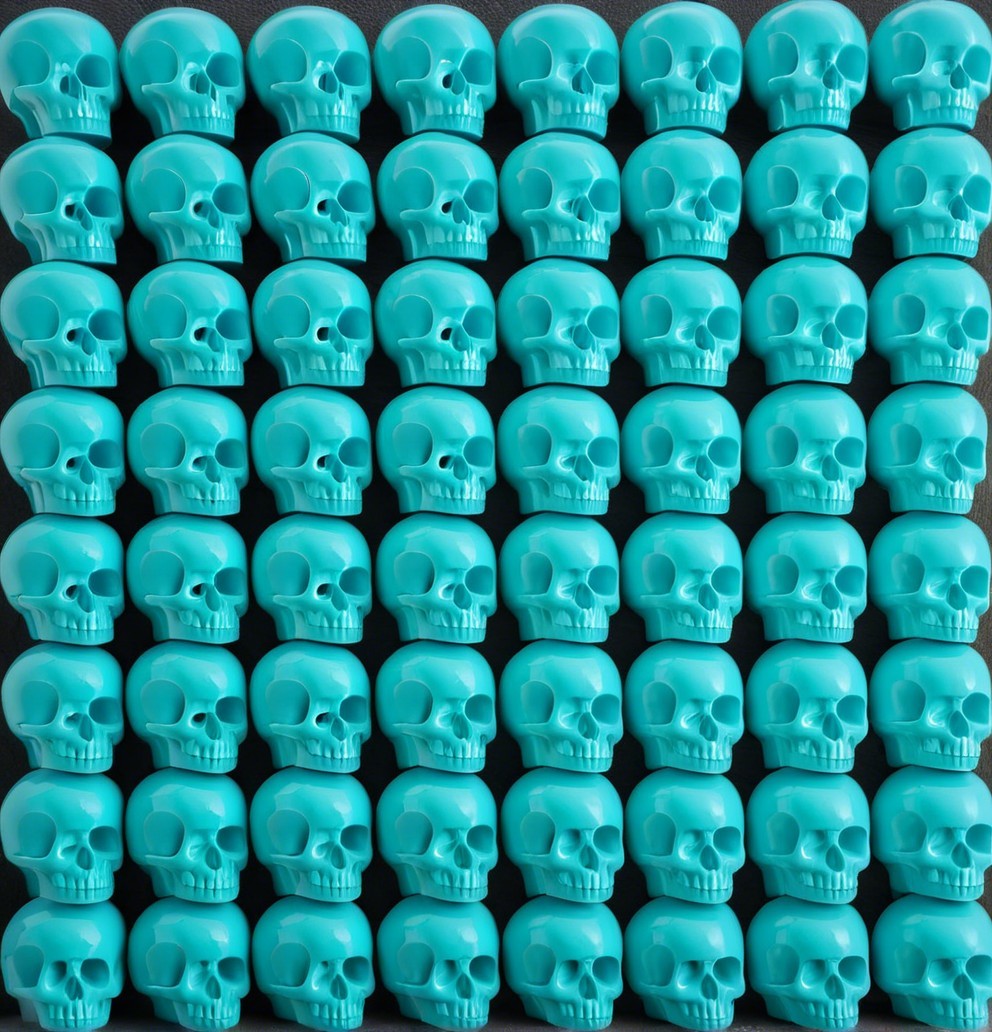 Grid of 64 Turquoise Plastic Skulls in Uniform Pattern