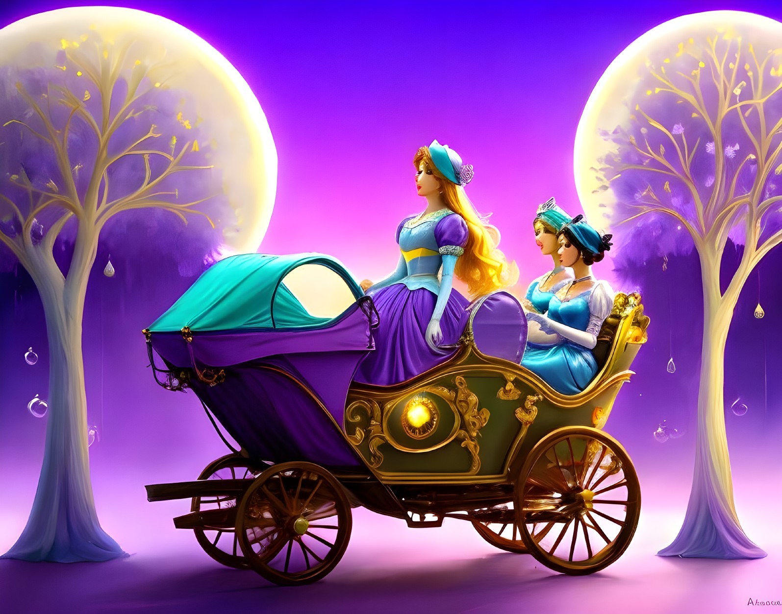 Elegant Princesses in Luxurious Carriage Scene