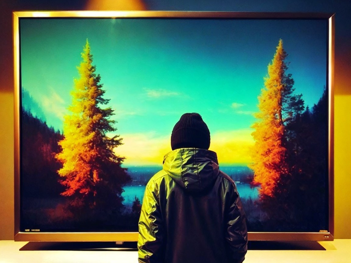 Individual Observing Vibrant Landscape on TV Screen