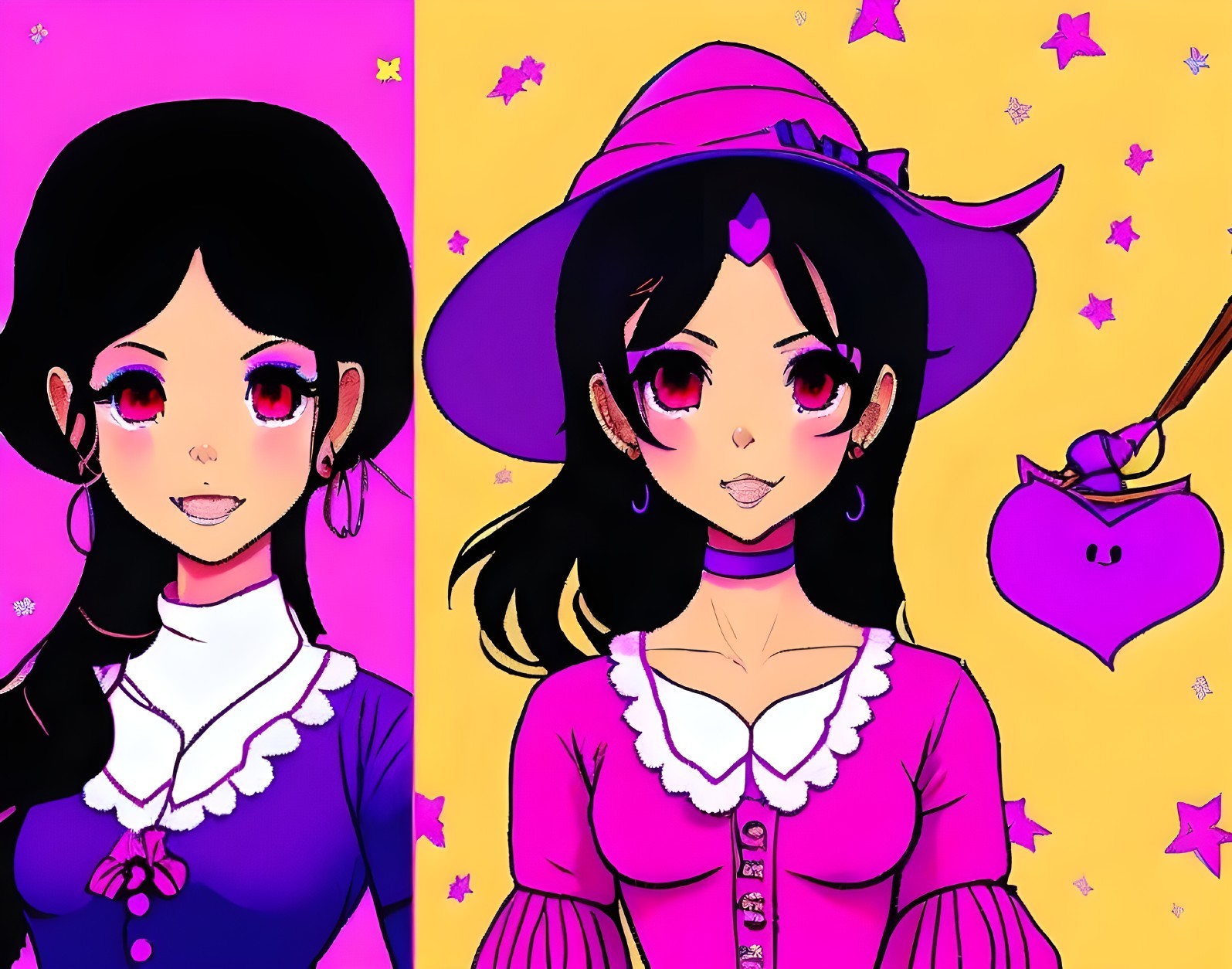 Stylized Characters with Black Hair and Pink Eyes
