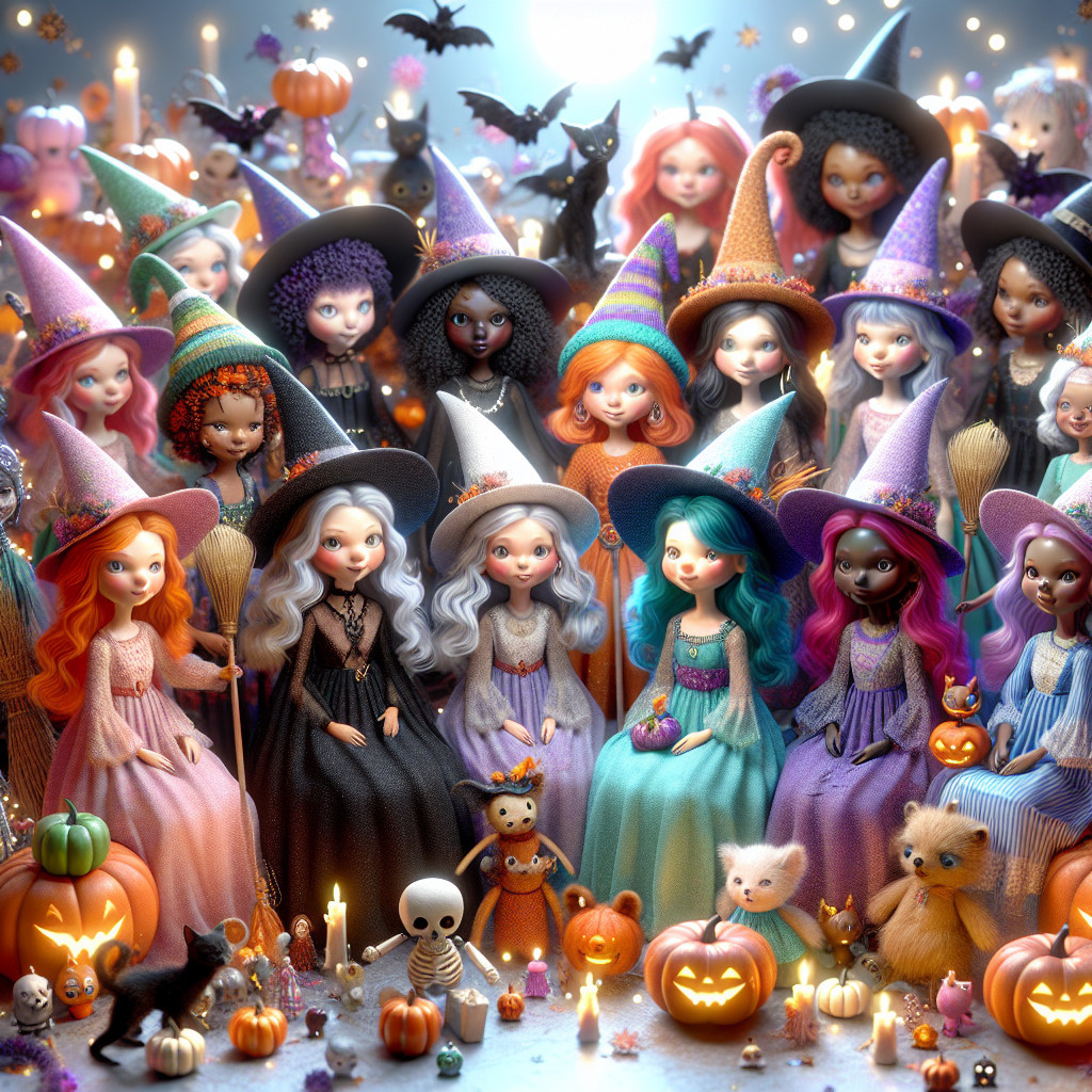 Diverse Dolls in Colorful Witch Costumes at Halloween
