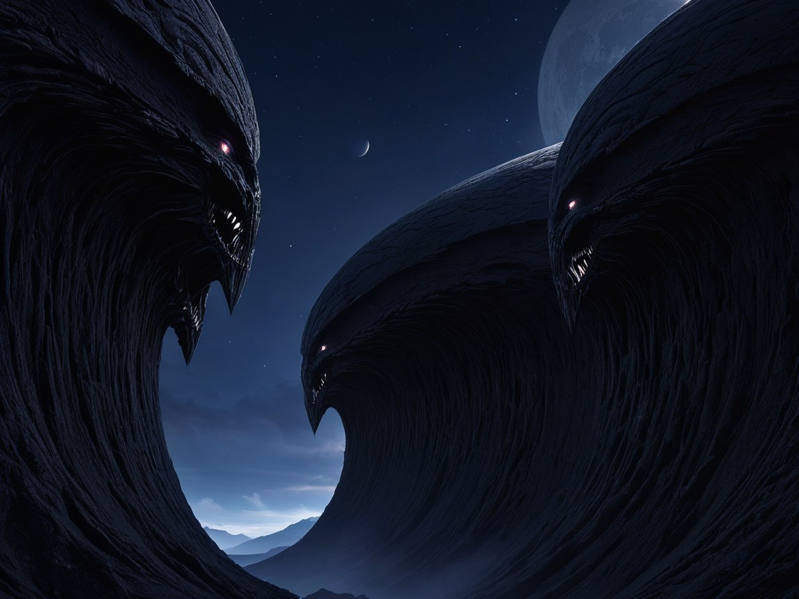Monstrous figures resembling ocean waves in dark landscape