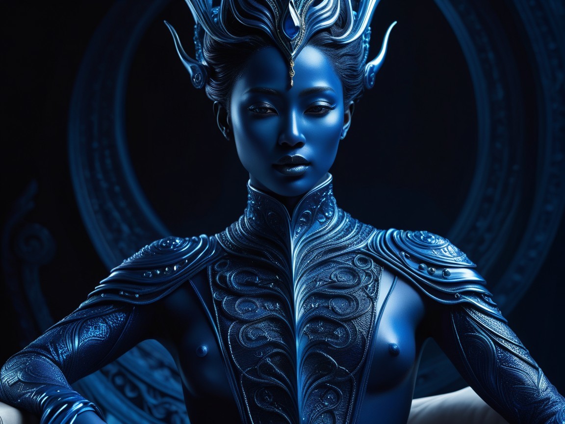 Intricate Blue Armor with Regal Designs and Ethereal Aura
