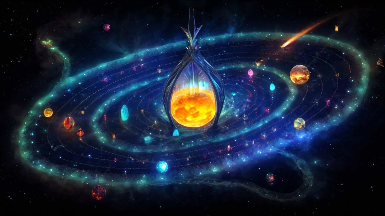 Vibrant Cosmic Scene with Glowing Orb and Planets