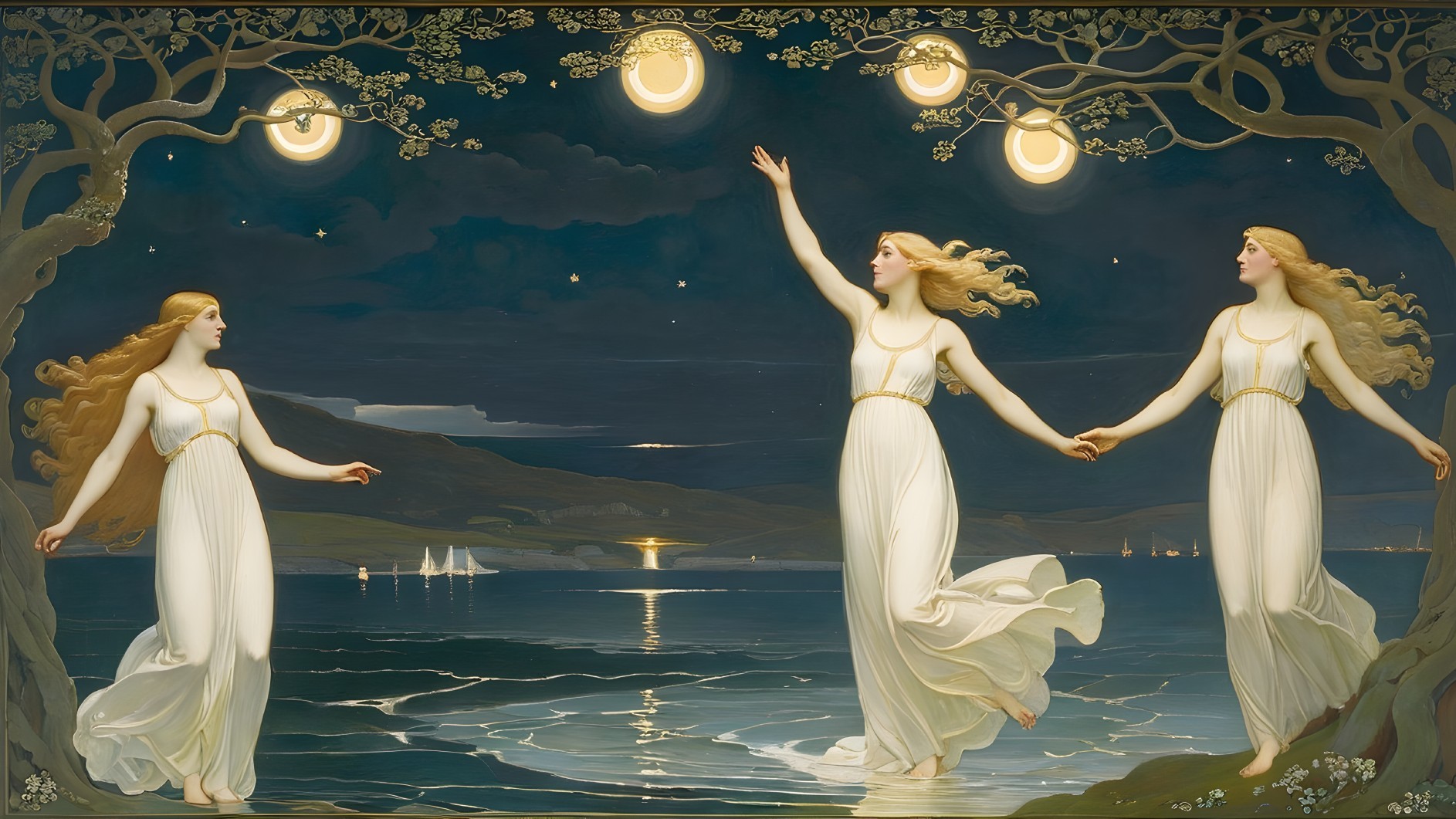 Ethereal Figures by Serene Water Under Starry Sky