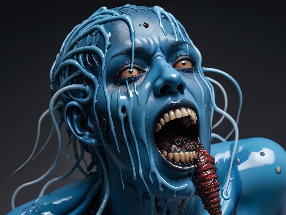 Surreal Figure with Blue Skin and Tentacle Strands