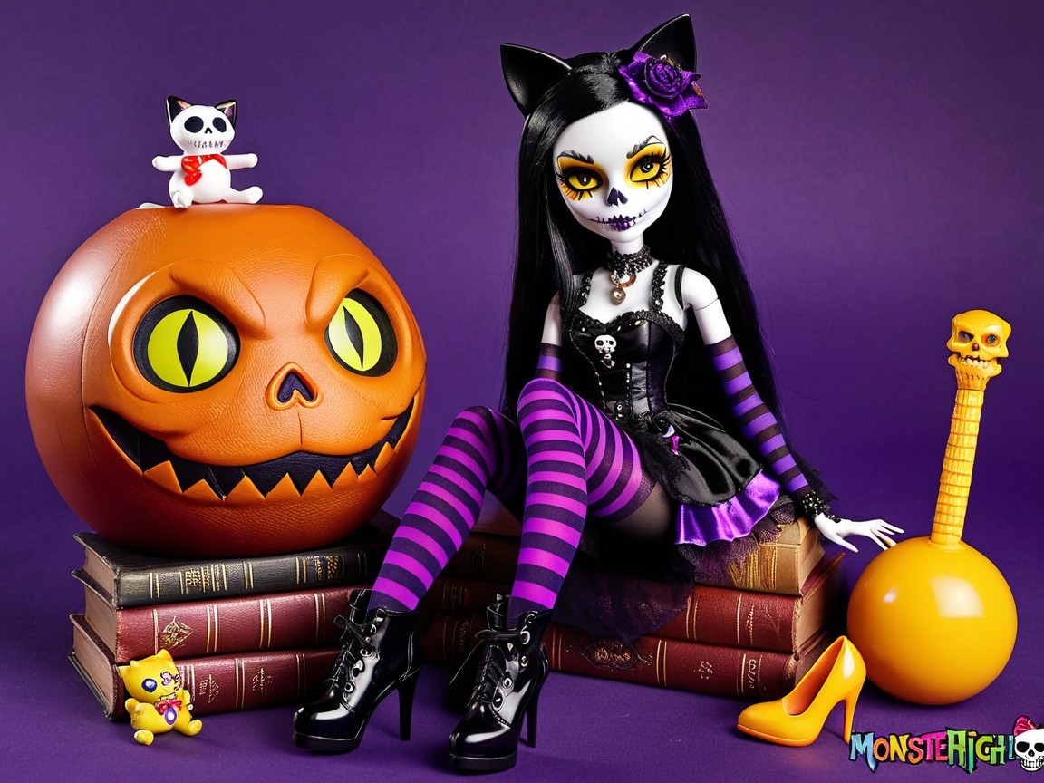 Spooky Doll and Halloween Decor with Figurines and Pumpkin