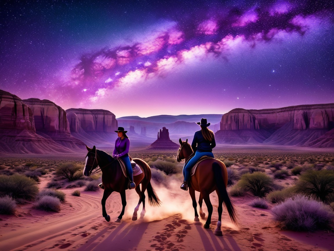 Cowgirls Riding Horses in a Vibrant Desert at Night