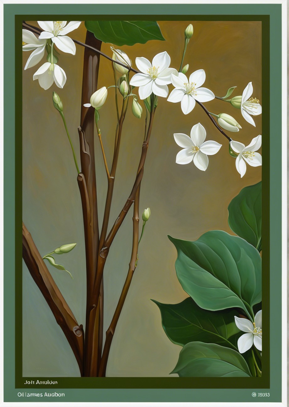 Still-Life Painting of White Flowers and Green Leaves