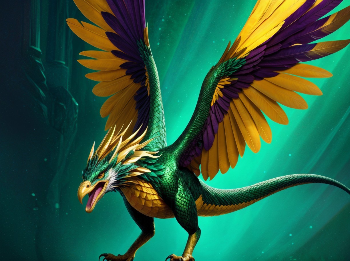 Dragon-like creature with vibrant feathers and scales