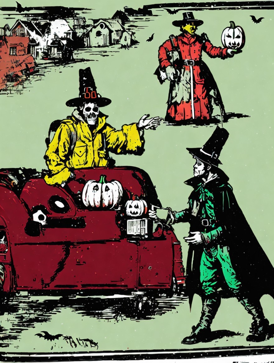 Whimsical Halloween Scene with Skeletons and Costumes
