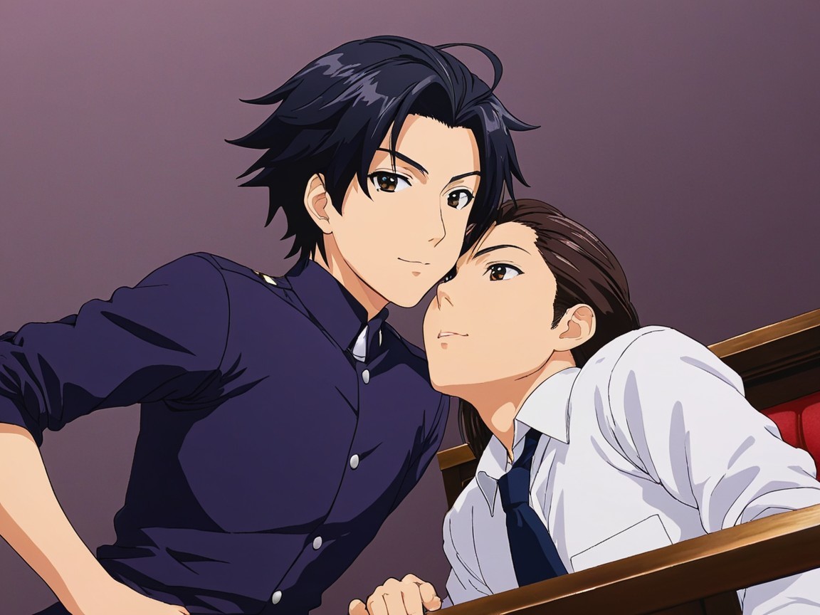 Young men sharing a playful moment against purple backdrop
