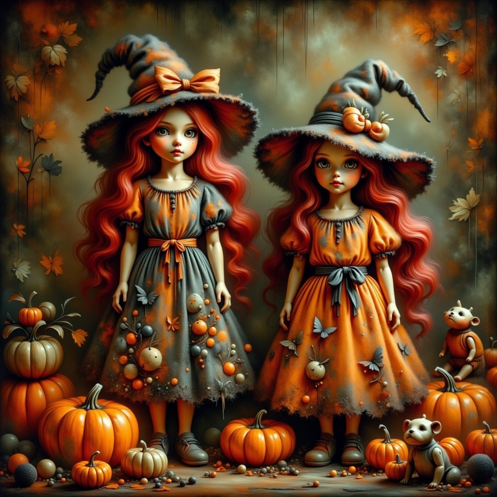 Enchanting Halloween Dolls with Red Hair and Witch Hats