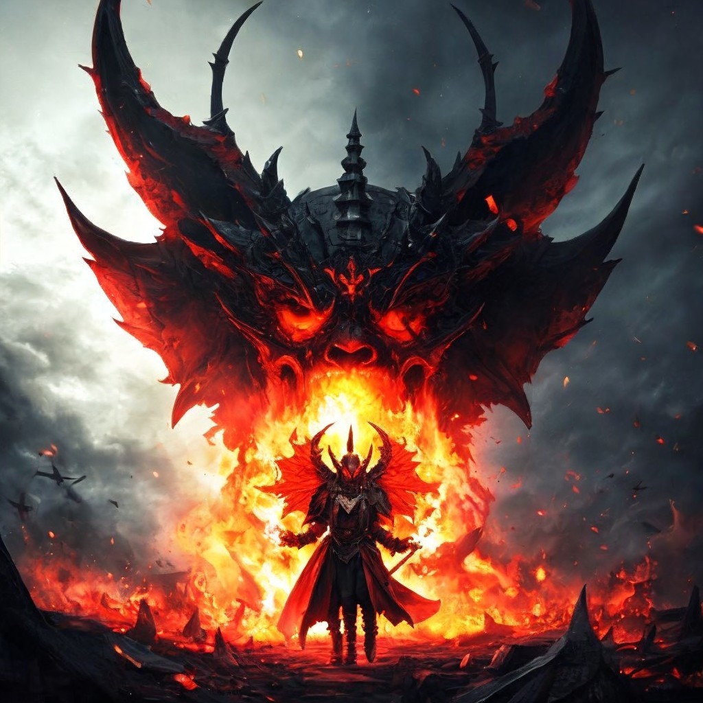 Ominous Figure Before Colossal Fiery Demon Face