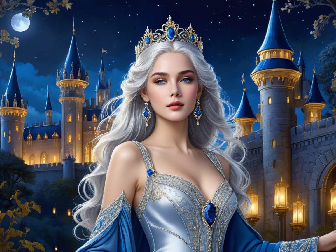 Princess in Elegant Gown Before Majestic Castle at Night