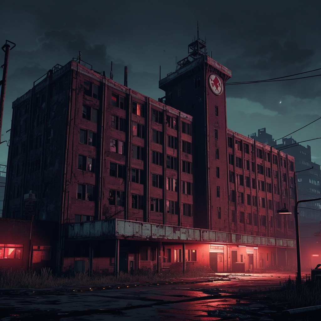 Dilapidated Building with Clock Tower and Red Glow