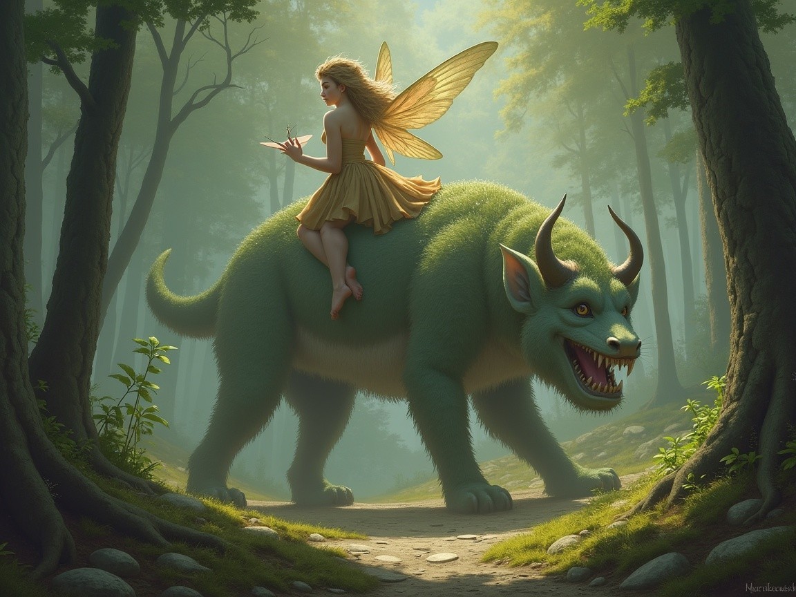 Fairy with Golden Wings on Green Monster in Forest