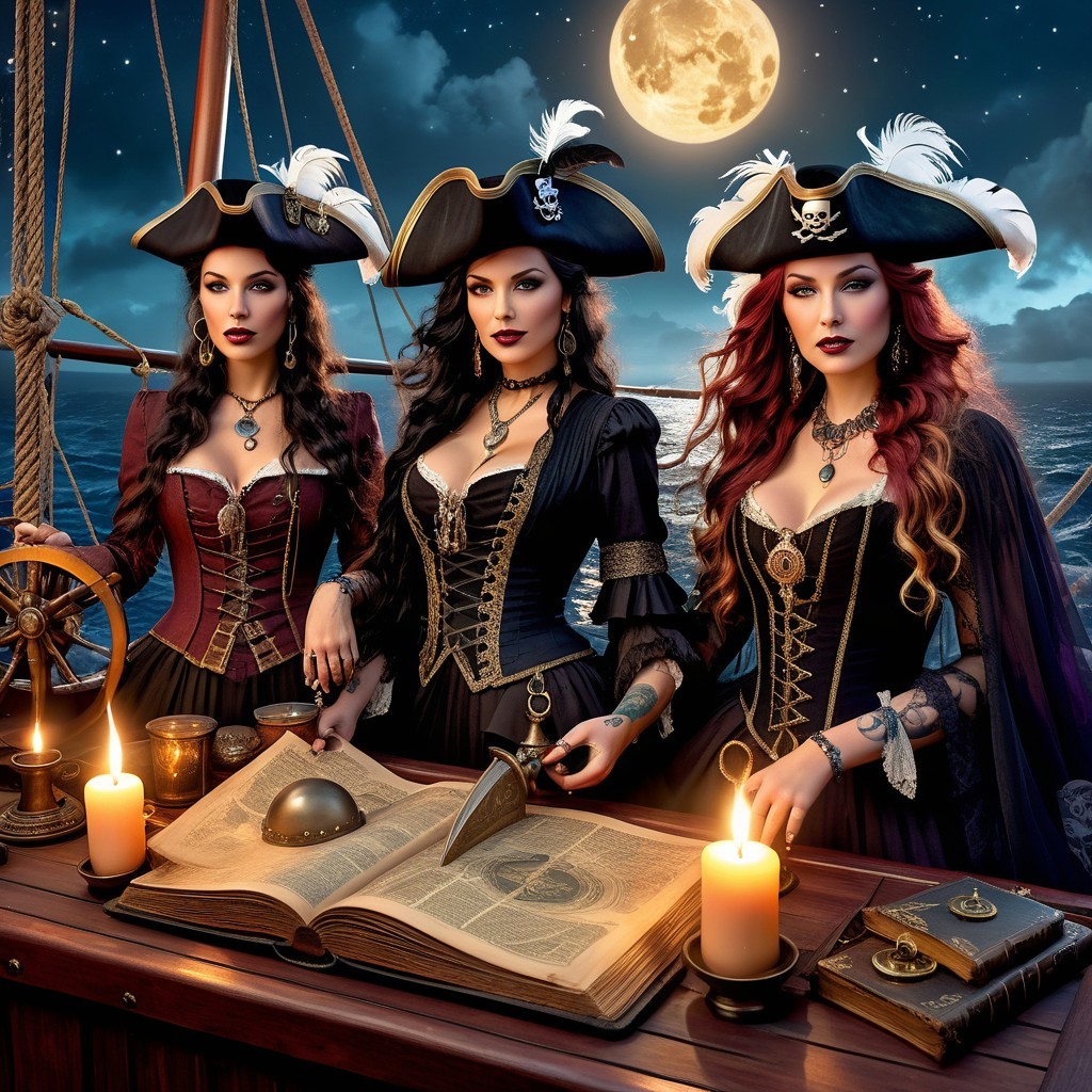 Elegant Female Pirates on Ship's Deck at Night