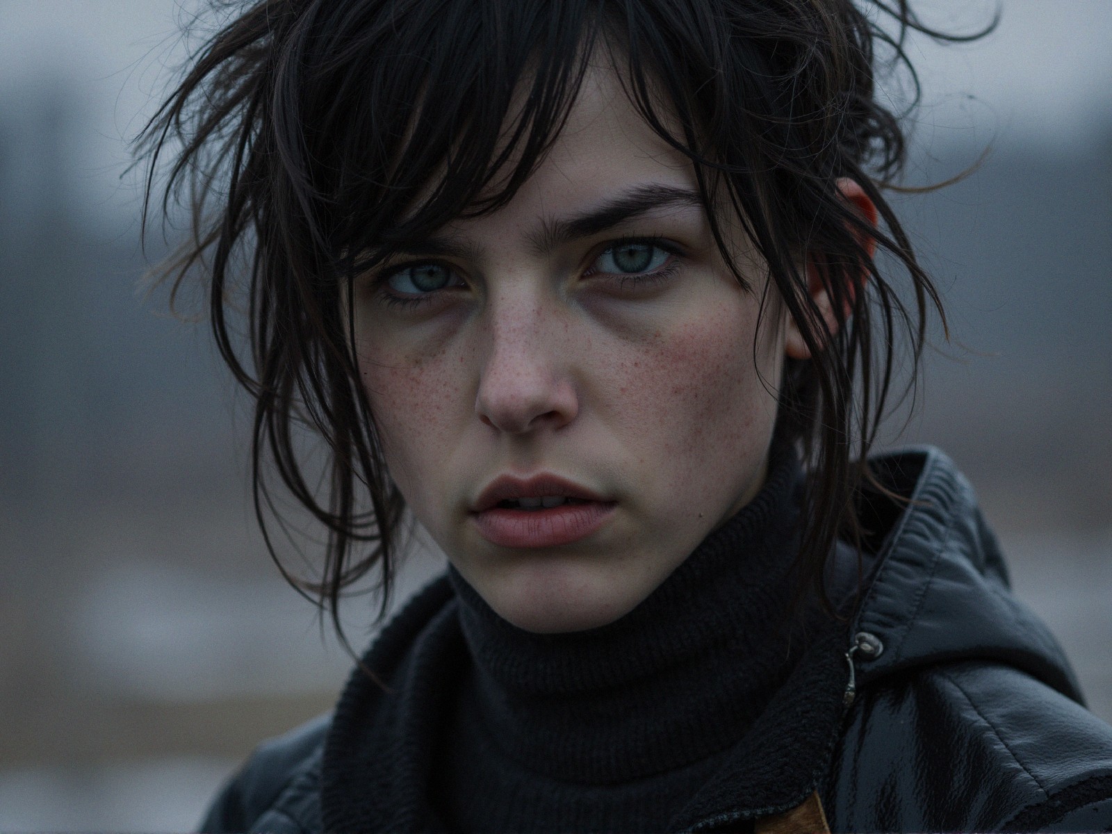 Close-up portrait of a young person with blue eyes