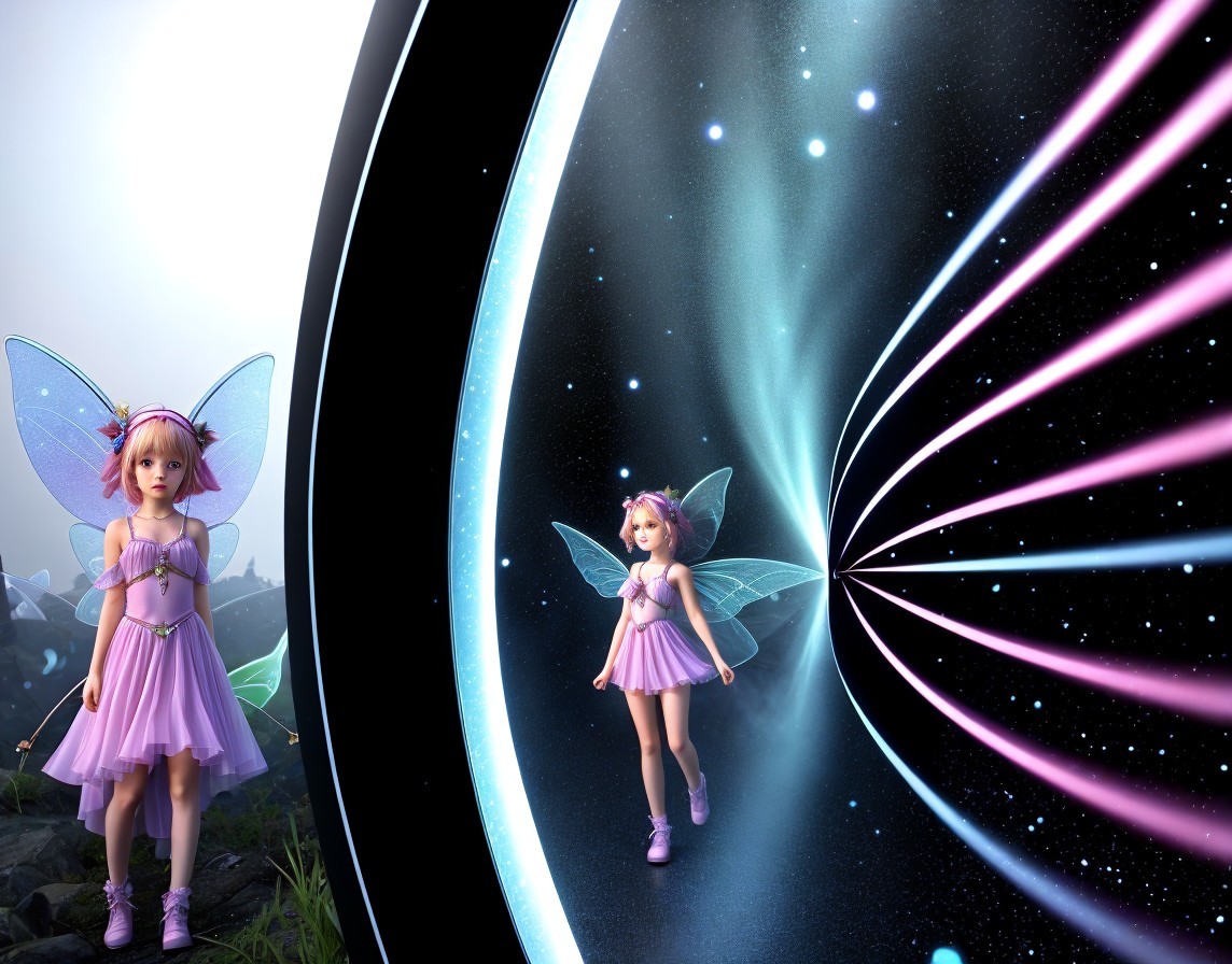 Whimsical Fairies on Rocky Terrain with Colorful Portal