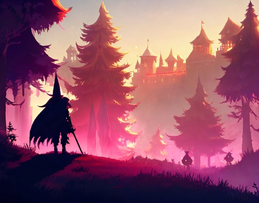 Cloaked Figure in Mystical Forest with Castle Background