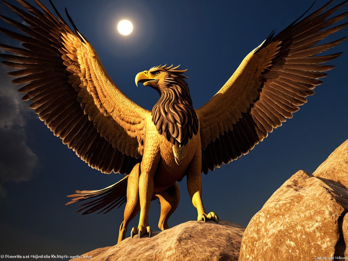 Majestic Griffin on Rocky Outcrop with Outstretched Wings