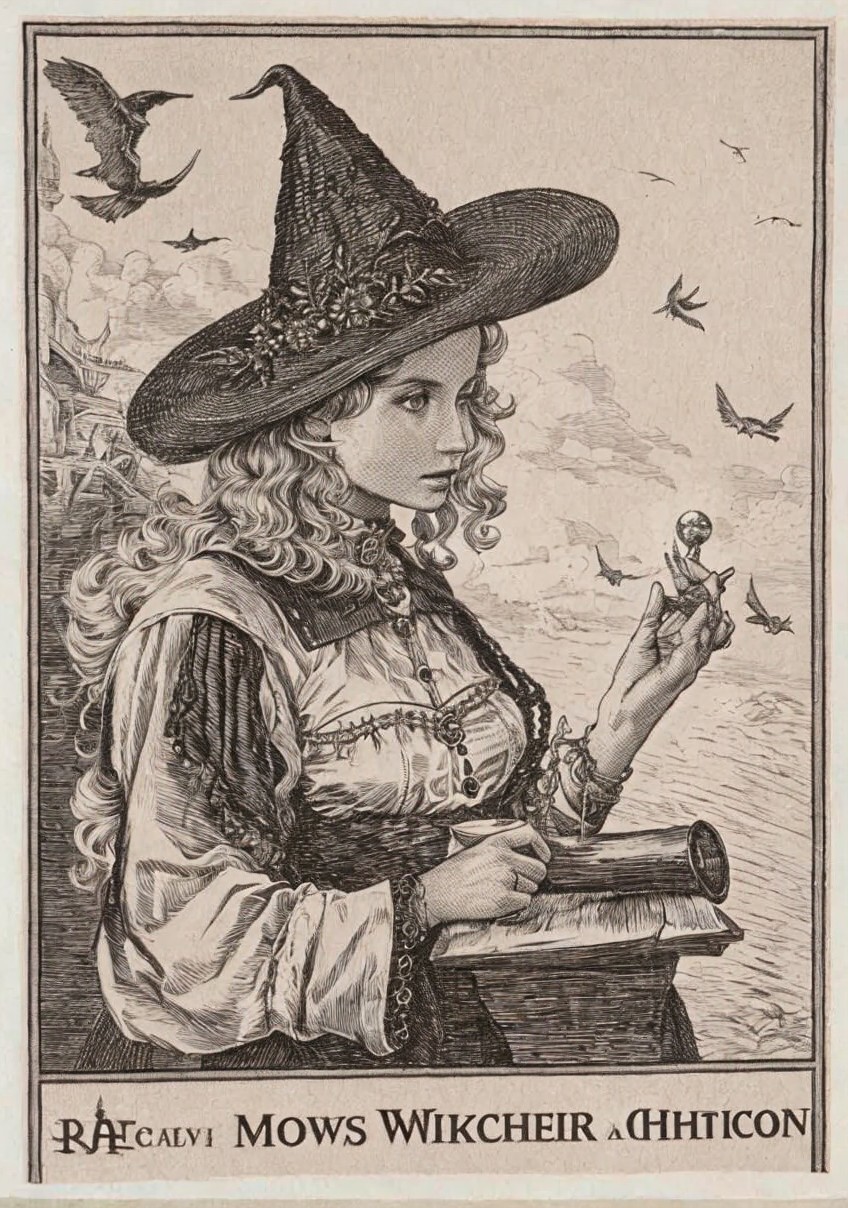 Woman in Ornate Witch Hat with Globe and Scroll