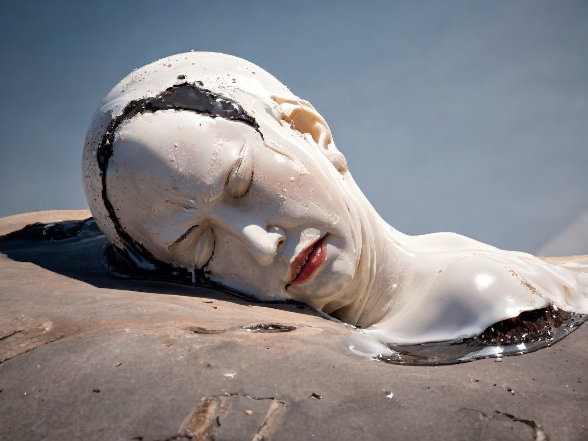 Lifelike Sculpture of Woman's Head in White Liquid