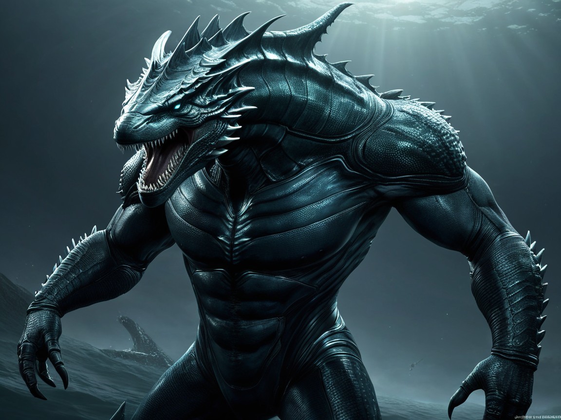 Dark Teal Kaiju with Sharp Teeth in Moody Water Setting