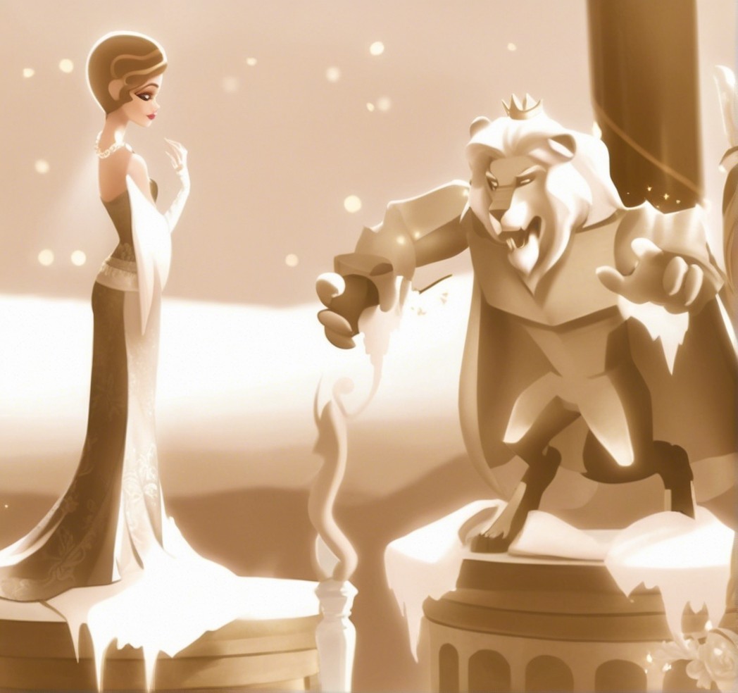 Elegant woman gazing at majestic lion statue in winter