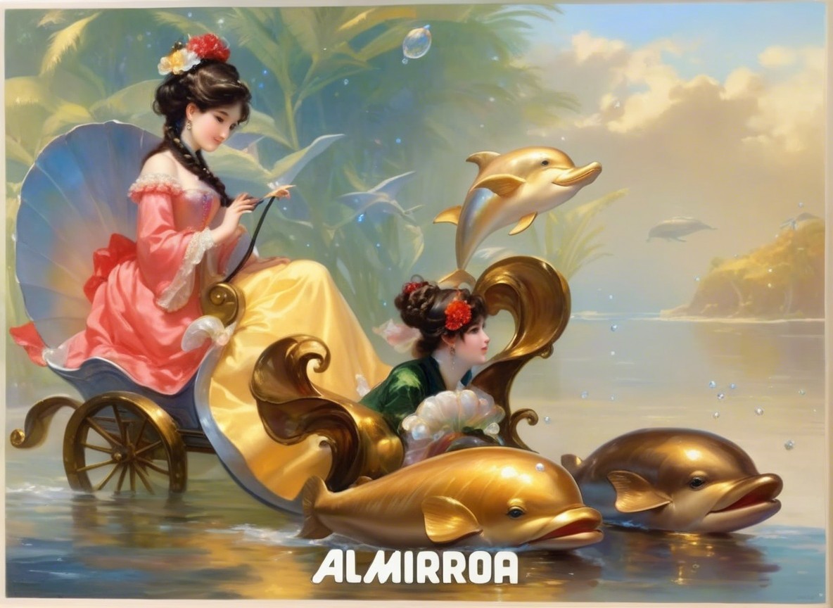 Elegant Women in Decorative Carriage Surrounded by Dolphins