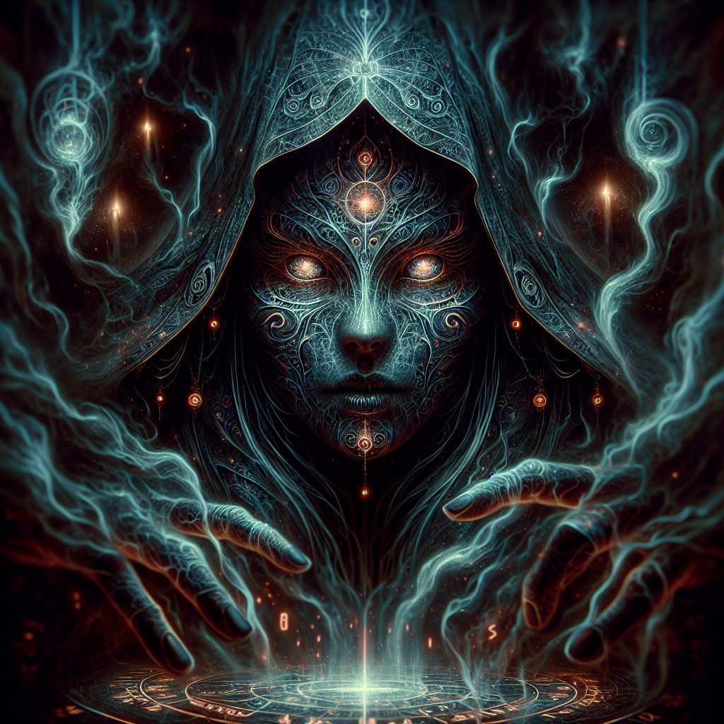 Mystical figure with glowing patterns and energy wisps