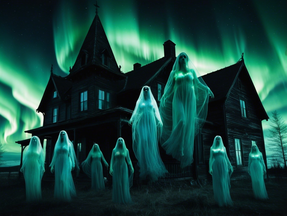 Eerie House with Ghostly Figures and Auroras